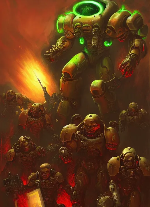 Image similar to ( doom ) cover featuring doom guy!! space marine!! surrounded by demons, by jimmy presler, artstation, vivid gaze