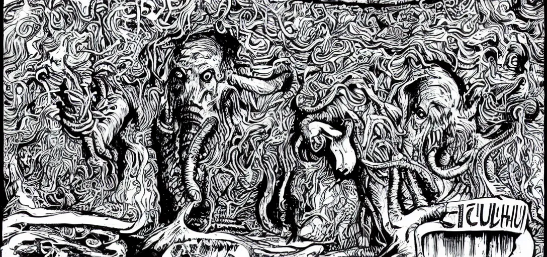 Image similar to Cthulhu starring in a David Lynch film about a birthday party, Mike Judge art style, 90's mtv illustration, surrealism, David Lynch's hair