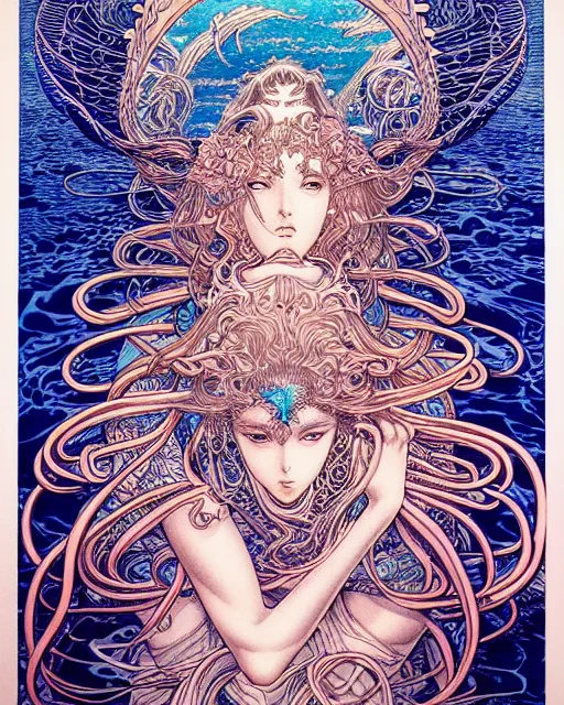 Image similar to hyper detailed illustration of the goddess of the ocean, intricate linework, lighting poster by moebius, ayami kojima, 90's anime, retro fantasy