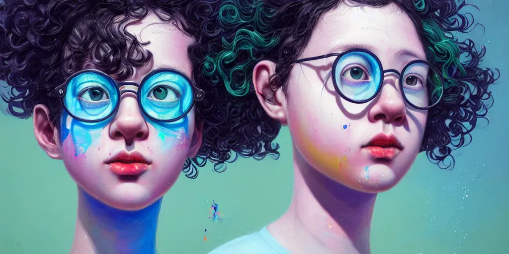 Prompt: A girl with curly black hair wears a green shirt, she wears Harry Potter glasses, brushes her teeth, and there is a blue bird on her head, painted by james jean in pastel colors. artwork by Tooth Wu and wlop and beeple, cinematic, hyper realism, octane render, 8k, depth of field, bokeh. iridescent accents. vibrant.