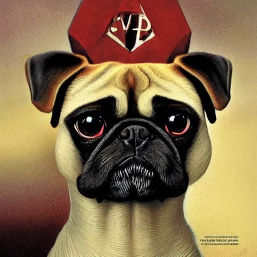 Image similar to head and shoulders vogue photo portrait of a pugalier anthropomorphic dog, d & d, fantasy, greg rutkowski, frank frazetta, alexandre chaudret, boris vallejo, michael whelan, miro petrov, hr giger, magali villeneuve, donato giancola