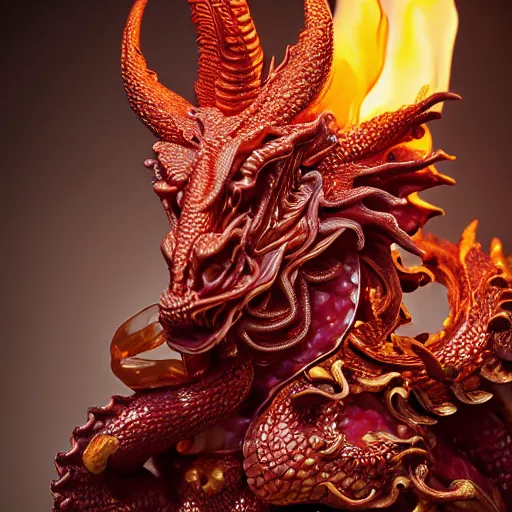 Image similar to a closeup photo, face, rococo alabaster and ruby real delicate ceramic porcelain sculpture of an ornate detailed dragon god in front of an intricate background by rafael, micro detail, backlit lighting, subsurface scattering, translucent, thin porcelain, fire, flames, amber, octane renderer, colorful, physically based rendering, trending on cgsociety