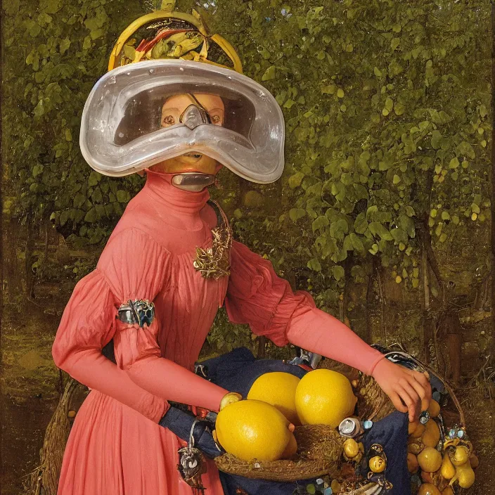 Image similar to a closeup portrait of a woman in a scuba helmet, wearing a dress made of beads, picking lemons in an orchard, color photograph, by jan van eyck, canon eos c 3 0 0, ƒ 1. 8, 3 5 mm, 8 k, medium - format print