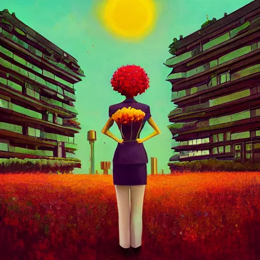 Image similar to huge flower as head, woman in suit standing by tall windows, modernist luxury apartment, surreal photography, sunlight, impressionist painting, digital painting, artstation, simon stalenhag