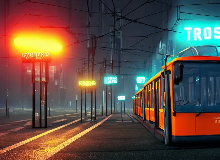 Image similar to trolleybus stands at a stop, headlights shine with neon light, atmospheric, futuristic, cyberpunk, ray tracing global illumination, 8 k resolution, ultra detailed