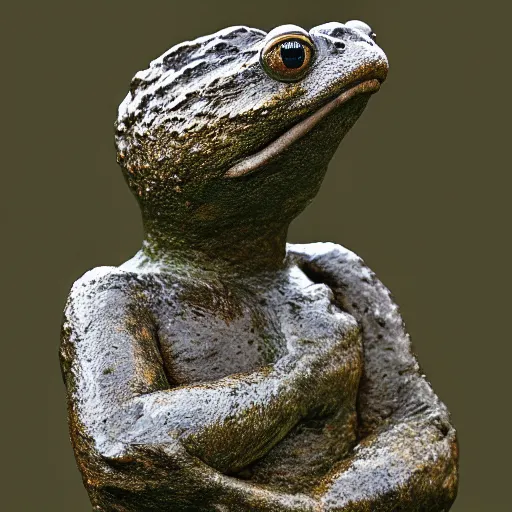 Prompt: toad philosopher The Thinker, swamp, sculpture by Auguste Rodin, hyperrealism, symmetric, by Irving Penn, bokeh top cinematic lighting , cinematic mood, very detailed, shot in canon