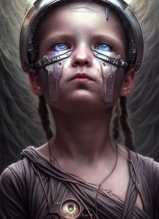 Image similar to closeup portrait shot of a cyberpunk child in a scenic dystopian environment, intricate, elegant, highly detailed, centered, digital painting, artstation, concept art, smooth, sharp focus, illustration, artgerm, tomasz alen kopera, peter mohrbacher, donato giancola, joseph christian leyendecker, wlop, boris vallejo