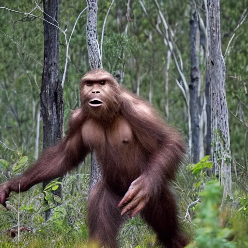 Prompt: National Geographic photo of Sasquatch in the Australian bush telephoto close up