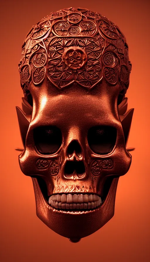 Image similar to portrait of a carved copper skull. intricate detail. melting. by Tooth Wu, wlop, beeple, dan mumford. octane render, trending on artstation, greg rutkowski very coherent symmetrical artwork. cinematic, hyper realism, high detail, octane render, 8k, depth of field, bokeh.