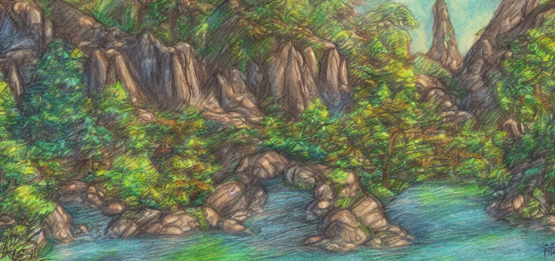 Image similar to Rivendell landscape drawn in crayon, digital painting