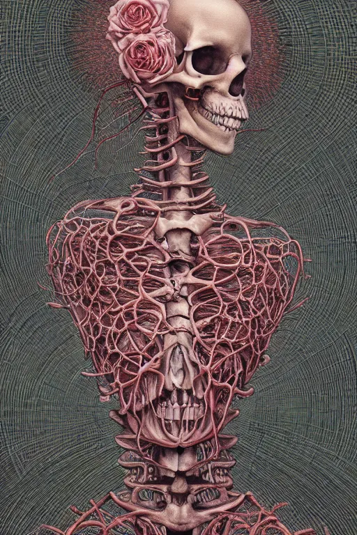 Image similar to roses growing from the skeleton frame, carol, by damien hirst and alexander mcqueen and peter gric and takato yamamoto and zdzisław beksinski and laurie lipton and victo ngai and esao andrews, trending on artstation