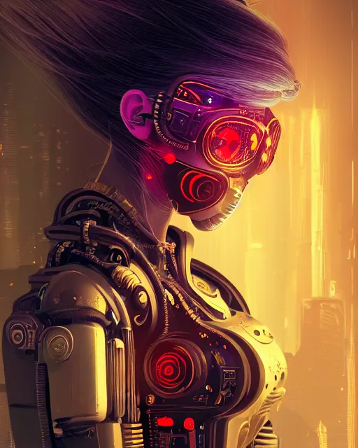 Image similar to portrait of a beautiful cyberpunk cyborg female wearing a ballistic face mask with brilliant gold flowing hair and bright red eyes, intricate abstract. intricate artwork. by Tooth Wu, wlop, beeple, dan mumford. octane render, trending on artstation, greg rutkowski very coherent symmetrical artwork. cinematic, hyper realism, high detail, octane render, 8k, iridescent accents