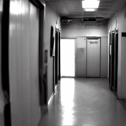 Image similar to creepy backrooms, something behind the doors, horror image, cctv footage, black and white, grayscale