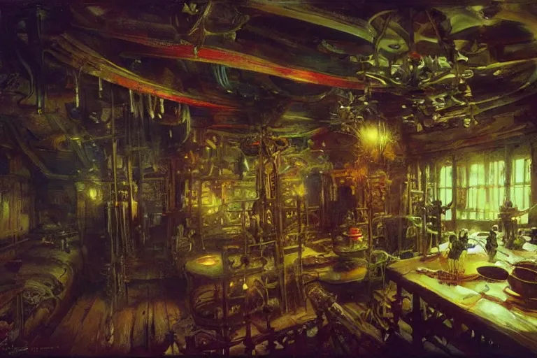 Prompt: pirate ship cabin interior, intricate, elegant, highly detailed, vivid colors, john harris, frazetta, tyrus wong, ruan jia, jeffrey catherine jones