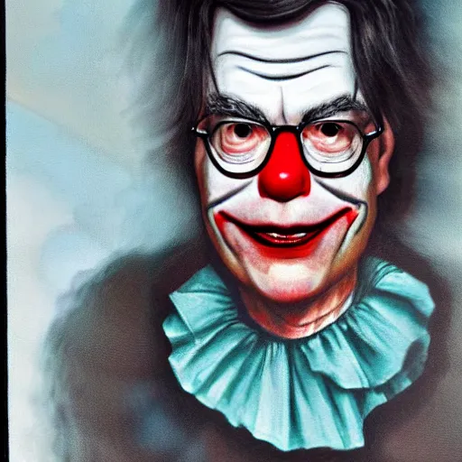 Image similar to a portrait of stephen king with clown makeup on