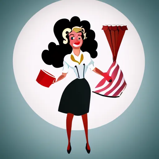 Image similar to beautiful anthropomorphic female sheep dressed in a 1 9 5 0 s waitress outfit, cartoon, digital art, full character, minimalist and abstract background, hyper details