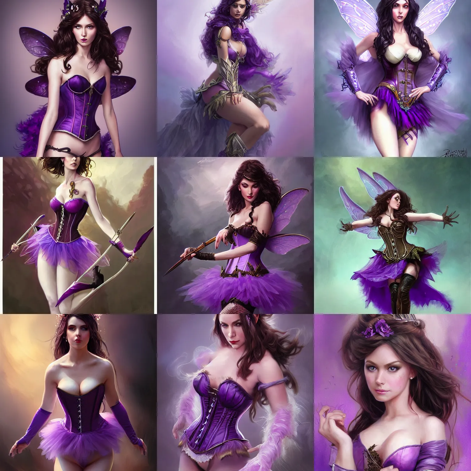 Prompt: brunette fairy woman, wearing purple corset and tutu, d & d, fantasy, highly detailed, digital painting, trending on artstation, concept art, sharp focus, illustration, art by artgerm and greg rutkowski and magali villeneuve