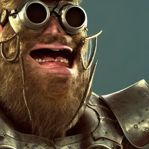 Image similar to highly detailed octane render of a close up portrait of an ugly man with a giant beard wearing goggles and armour and screaming in a cave whilst surrounded by large insects