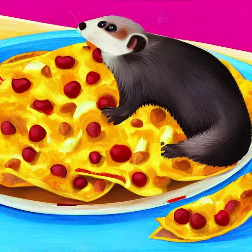 Prompt: a ferret eating a huge plate of nachos with enthusiasm, digital painting