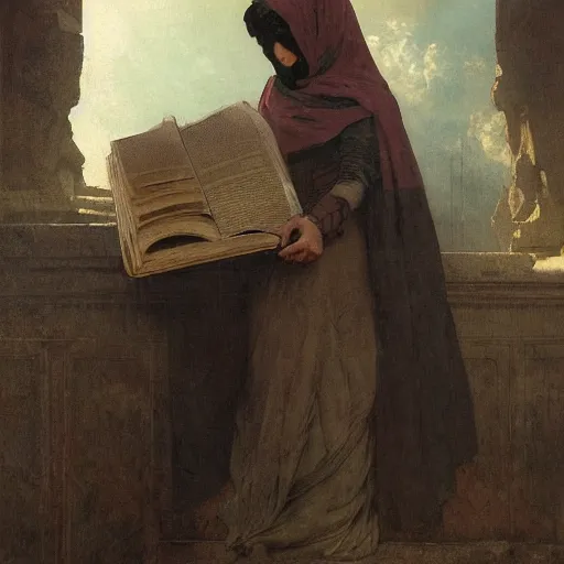 Image similar to half portait of magican wearing a closed cowl and big old book! chained to the wrist, jeremy mann, jean - leon gerome, tiepolo, alphonse mucha, greg rutkowski, face in the shadows, ( ( ruins of ancient rome ) ), at dusk, mysterious atmosphere, sunrays, dof, high detailed, 8 k