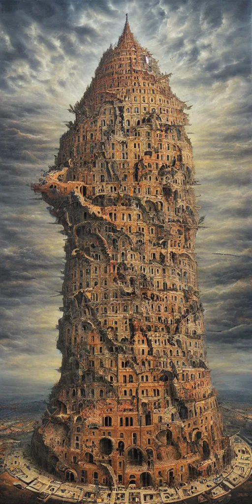 Image similar to tower of babel by tomek setowski, surreal oil painting, dream like, highly detailed, symmetry, masterpiece