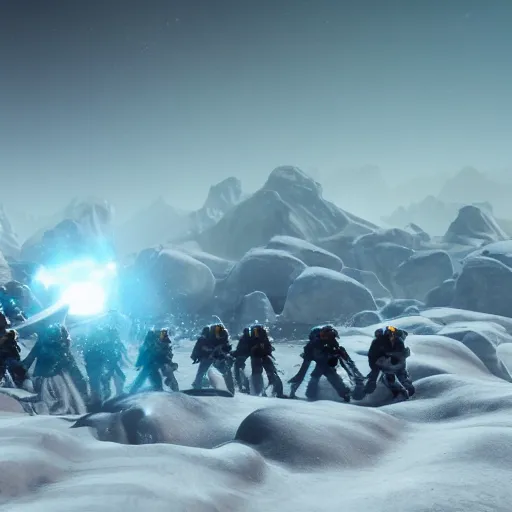 Prompt: an army of space soldiers invading an ice world full of mountains and rocks, award winning, trending on artstation, unreal engine