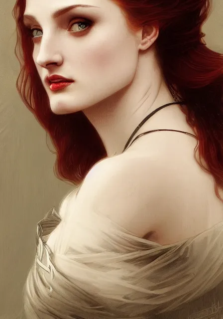 Image similar to sansa angeline jolie gessica chastain victorian vampire teeth, intricate, elegant, highly detailed, digital painting, artstation, concept art, smooth, sharp focus, illustration, art by artgerm and greg rutkowski and alphonse mucha and william - adolphe bouguereau