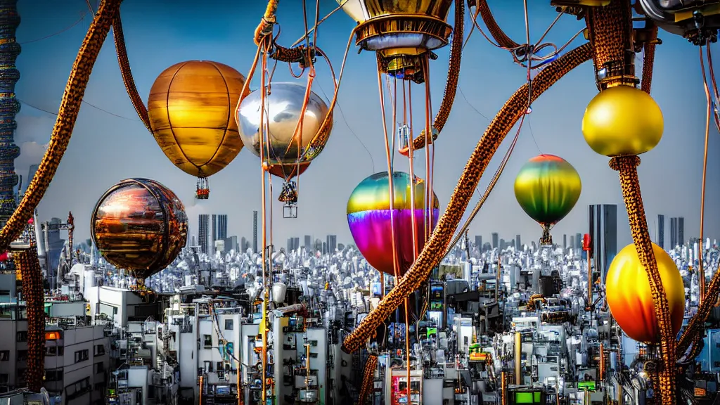 Image similar to large colorful futuristic space age metallic steampunk steam - powered balloons with pipework and electrical wiring around the outside, and people on rope swings underneath, flying high over the beautiful tokyo city landscape, professional photography, 8 0 mm telephoto lens, realistic, detailed, photorealistic, photojournalism