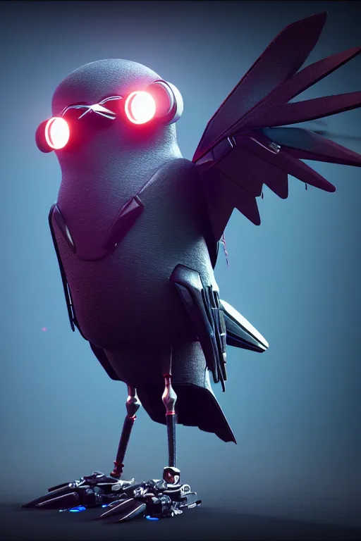 Image similar to high quality 3 d render very cute cyborg crow! sings into microphone!!, cyberpunk highly detailed, unreal engine cinematic smooth, in the style of blade runner & detective pikachu, hannah yata charlie immer, moody light, low angle, uhd 8 k, sharp focus