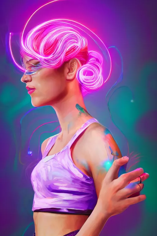 Image similar to a award winning half body portrait of a beautiful woman in a croptop and cargo pants with ombre purple pink teal hairstyle and hands in pockets by ari liloan, surrounded by whirling illuminated lines, outrun, vaporware, shaded flat illustration, digital art, trending on artstation, highly detailed, fine detail, intricate