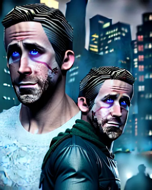 Image similar to ryan gosling and jake gyllenhaal posing dramatically together rendered in unreal engine 5, by wlop, greg rutkowski, and peter mohrbacher, octane render, ultra high detail, ultra realistic 3 d, extremely detailed shading, ray tracing, concept art, character design, trending on artstation, unreal engine 5, gritty atmosphere, glow, cinematic lighting, full of color