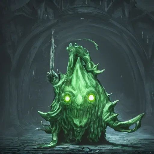 Image similar to slime as a dark souls boss artistic. illustration. 4 k. cinematic. photoreal. dark colors.