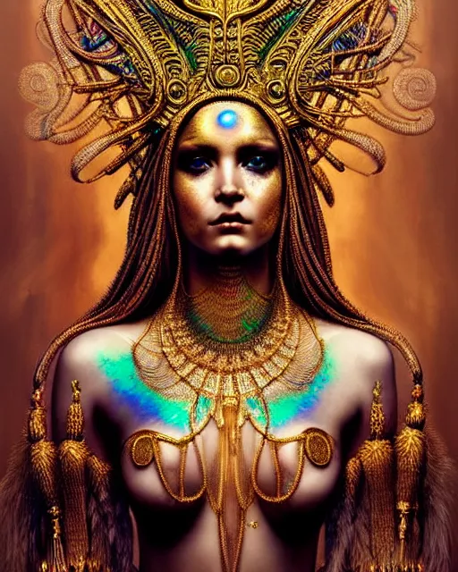 Image similar to hyperrealistic detailed portrait of a beautiful goddess in an iridescent - gold ornamental ritual headdress, intricate cyberpunk make - up, golden face tattoos, insane details, art by ernst haeckel, nekro borja, john william godward, gothic - cyberpunk, beautiful deep colours,