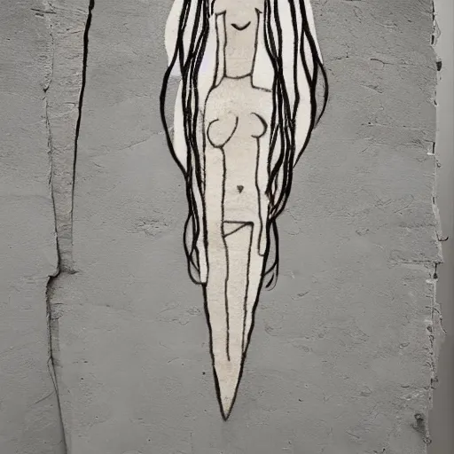 Prompt: a beautiful street art of a human - like creature with long, stringy hair. the figure has no eyes, only a mouth with long, sharp teeth. the creature is standing on a cliff overlooking a dark, foreboding sea. damascening inlay by squeak carnwath lifelike, unnerving