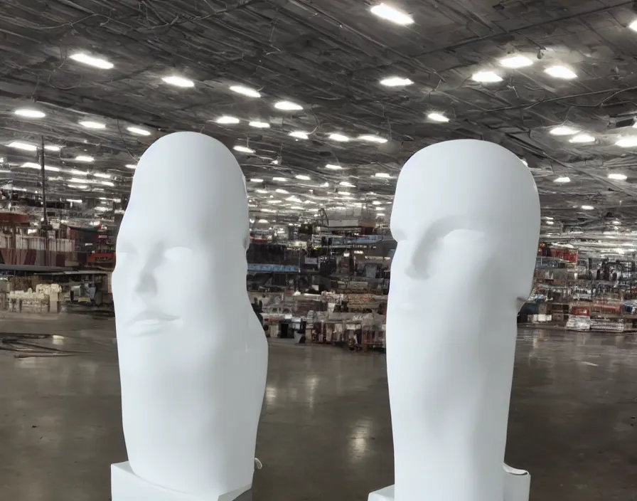 Prompt: a beautiful modern white plastic maniquen head positing on the center of the white stage floor