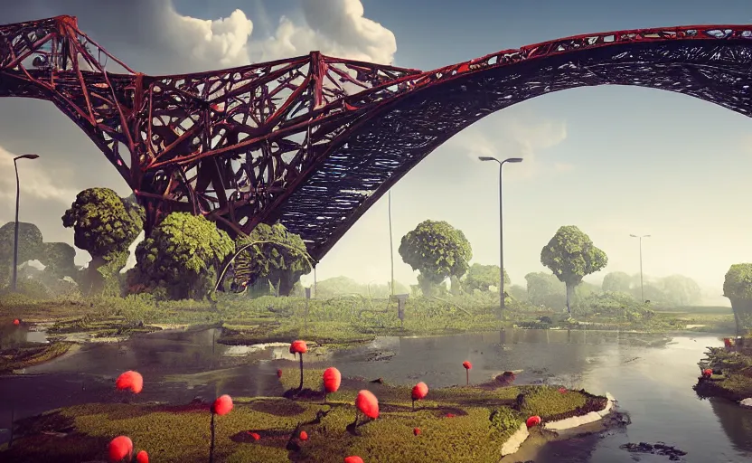 Image similar to a big bridge destroyed by explosions in the form of cotton plants, 3 d octane render, epic lighting, 8 k, by goro fujita