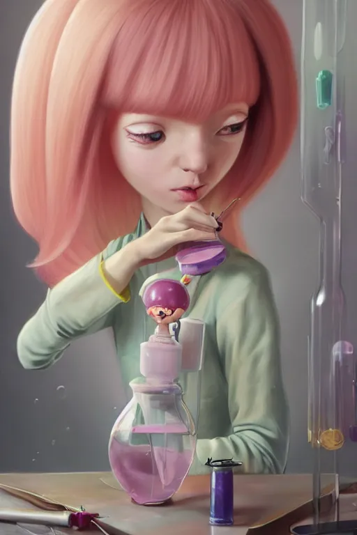 Image similar to highly detailed, profile portrait of adult princess bubblegum from adventure time, confidently experimenting in her science lab, wearing lab coat, long bubblegum hair, long straight bangs, beautiful, attractive, illustration concept art by nicoletta ceccoli, mark ryden, lostfish, detailed and intricate environment, 8 k resolution, hyperrealistic, 3 d, octane render