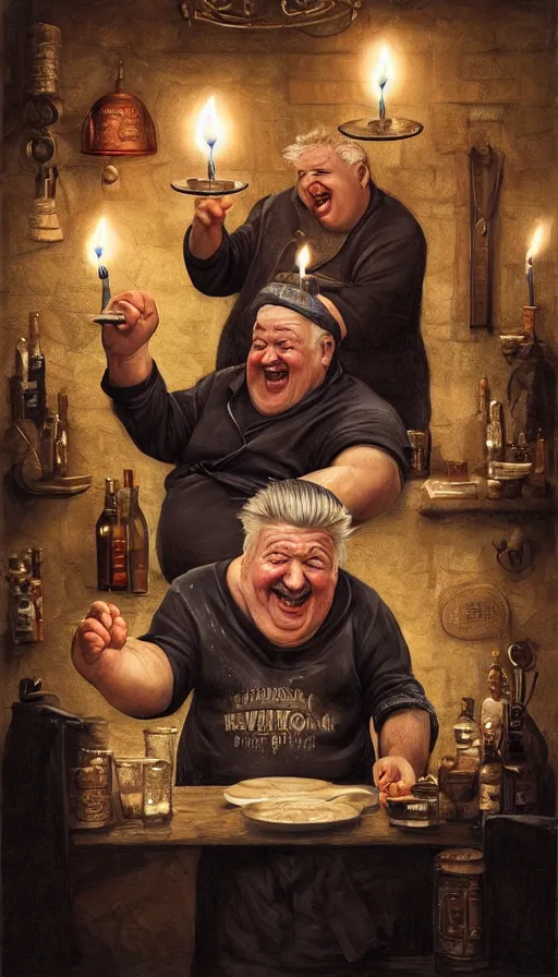 Image similar to david lynch as fat drunk tavern owner, apron, laughing, candles, fame of thrones, warhammer, fibonacci, sweat drops, intricate fashion clothing, insane, intricate, highly detailed, surrealistic, digital painting, artstation, concept art, smooth, sharp focus, illustration, unreal engine 5, 8 k, art by artgerm and greg rutkowski and alphonse mucha