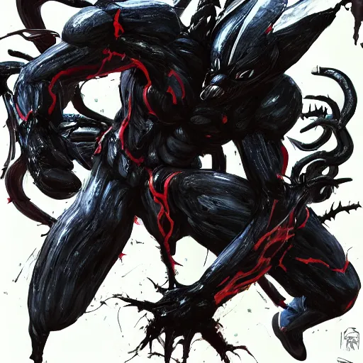 Prompt: Gundam exposed to the symbiote and became Venom.forest,horror, concept art,high detailed,fine art,trending on Artstation, smooth draw,Sharp focus.