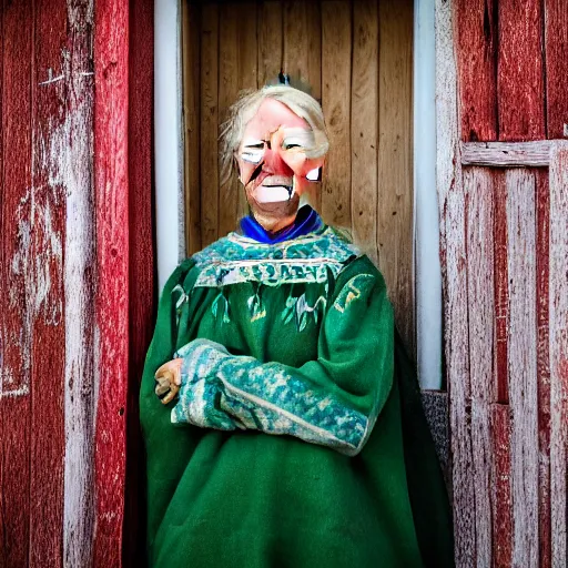 Image similar to ethnographic portraiture photograph of an extremely beautiful!!!! young blonde woman with symmetric face. wearing traditional greenlandic national dress. in front of her house. petzval lens. shallow depth of field. on flickr, award winning. national geographic