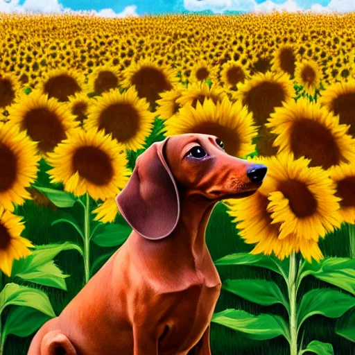 Image similar to portrait of a cute dachshund, in a field of sunflowers, rich vivid colors, ambient lighting, dynamic lighting, 4k, official media, anime key visual, makoto shinkai, ilya kuvshinov, lois van baarle, rossdraws, detailed, trending on artstation