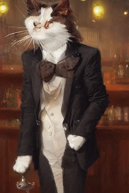 Image similar to of a gentlemen cat with the head of a british longhair cat, wearing vest suite in the night club, by greg rutkowski