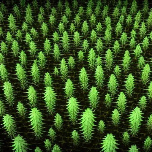 Prompt: A dense fractal cannabis forest with lots of cannabis plants, 4k, photorealistic, high-definition, artstation