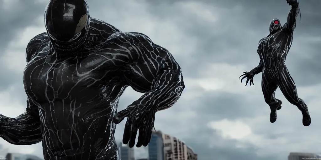 Image similar to a highly detailed photographic Agent Venom, Agent Venom Live Action, MCU render, Agent Venom realistic Render, cinematic, MCU, cinematic lighting, cinematic scene, cinematic render, film, beautifully lit, ray traced, octane 3D render, octane render, unreal engine