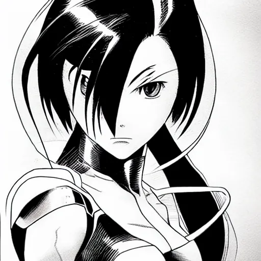 Image similar to alita by yukito kishiro. medium shot. black and white manga. pencil drawing.