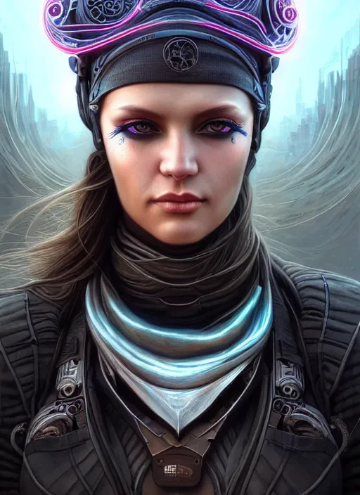 Prompt: closeup portrait shot of cyber girl wearing a bandana in a scenic dystopian environment, intricate, elegant, highly detailed, centered, digital painting, artstation, concept art, smooth, sharp focus, illustration, artgerm, tomasz alen kopera, peter mohrbacher, donato giancola, joseph christian leyendecker, wlop, boris vallejo