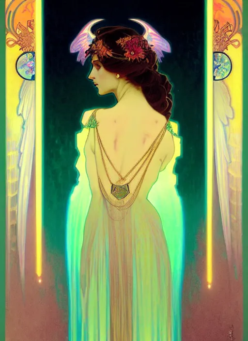 Image similar to ombre velvet gown, alphonse mucha, beautiful elegant woman with glowing wings, portrait, neon outline, long hair, tiara, dozens of jeweled necklaces, by greg rutkowski, brom, anato finnstark