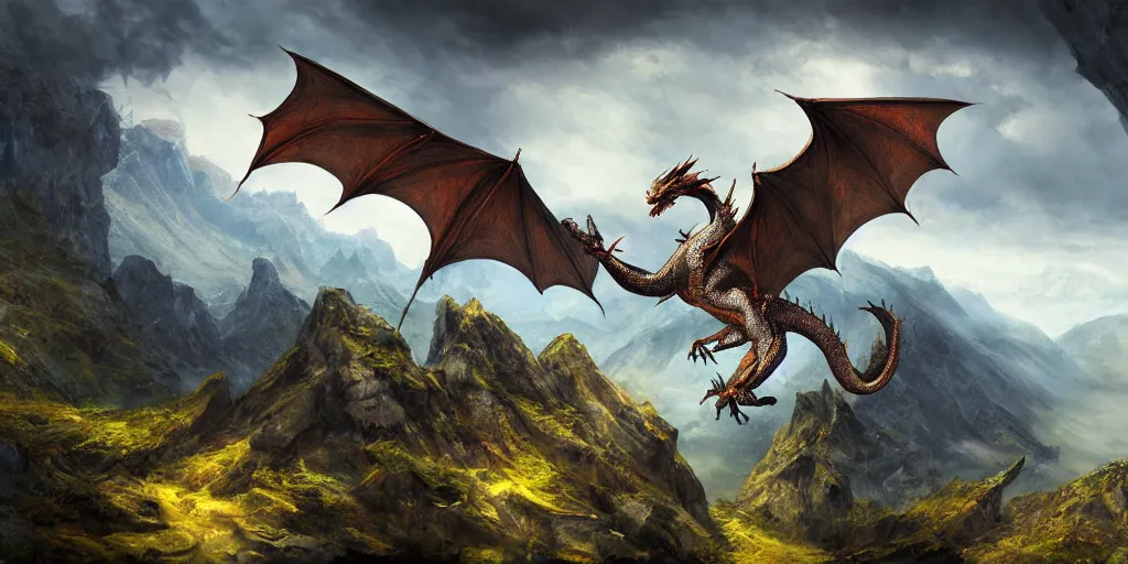 Prompt: dragon flying in mountain landscape, digital art, epic, fantasy, d & d, intricate, hyper detailed, devianart, concept art, smooth, concept art, vibrant, photorealistic, rj palmer, rossier, jessica