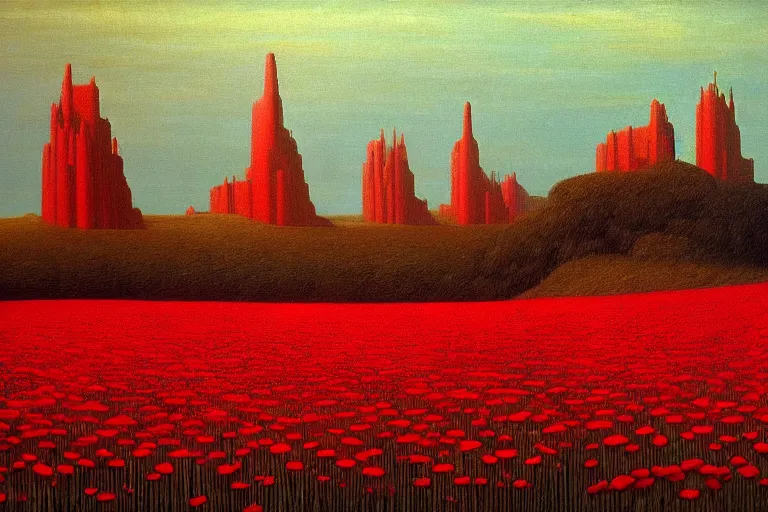 Image similar to only with red, red flowers of different types, a castle in the background, red giants rest over the flowers, in the style of beksinski, part by hopper, part by rodcenko, part by hofbauer, intricate composition, red by caravaggio, insanely quality, highly detailed, masterpiece, red light, artstation, 8 k