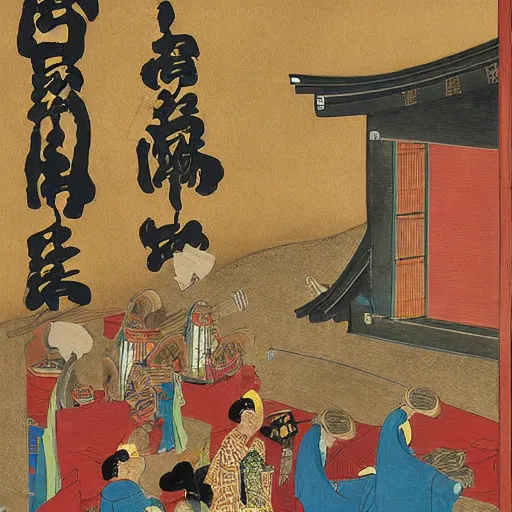 Image similar to a dramatic painting of a medieval Japanese funeral, by Santoshi Kon, detailed, golden hour